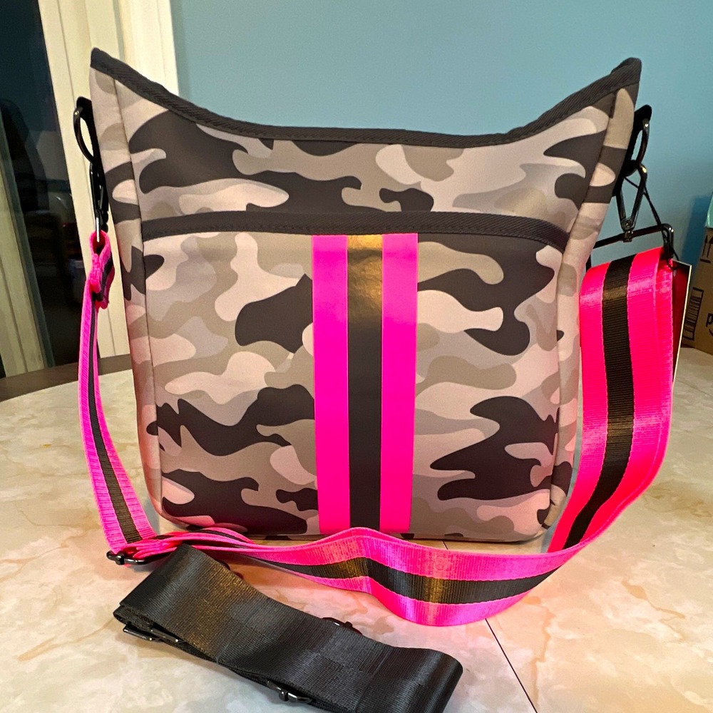 Haute Shore Camo Crossbody Bag Gray Black Pink Zip Striped Detachable Strap NEW!